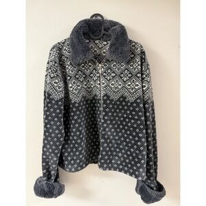 Willi Smith Collection Womens Geometric Faux Fur Trim Jacket M Black Full Zip